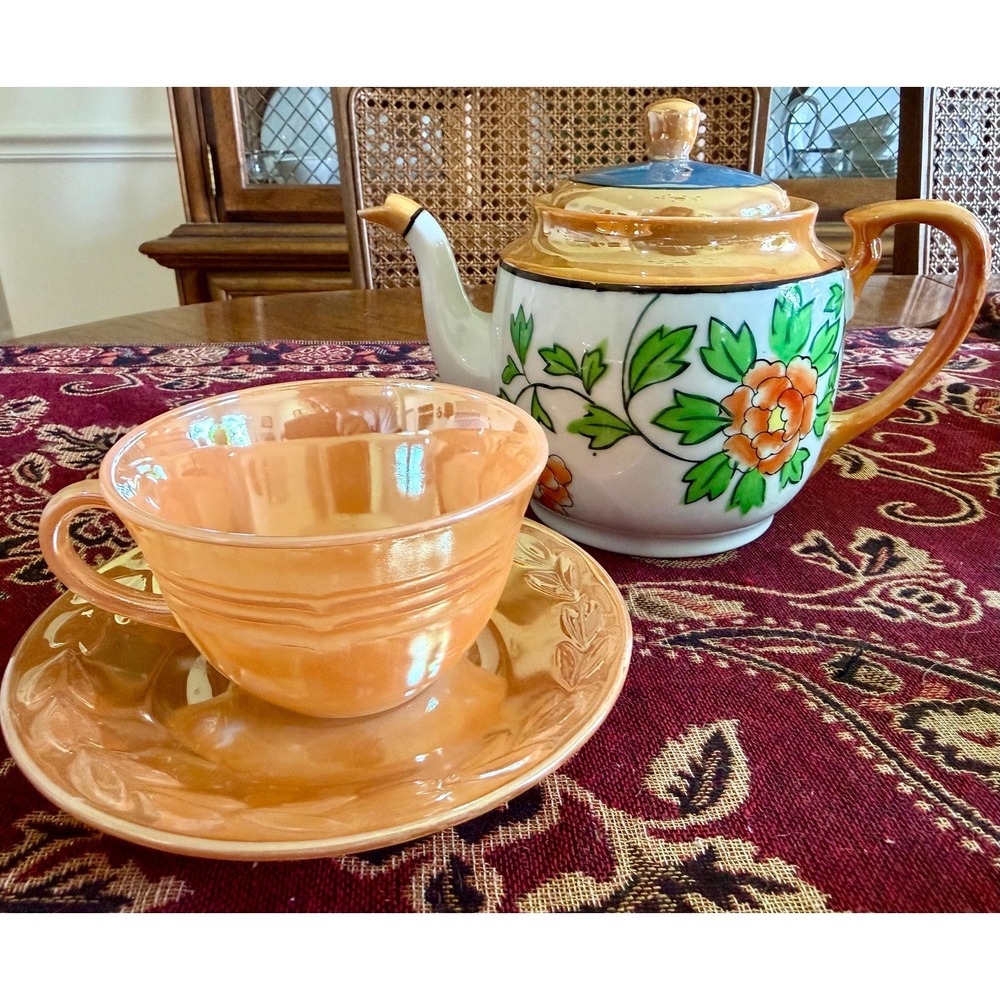 Japanese Lusterware Teapot Cup Saucer Set, Hand Painted Floral Made in Japan